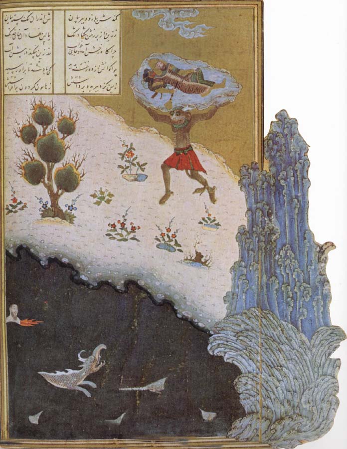 Akwan the demon casts the sleeping hero Rustam into the sea